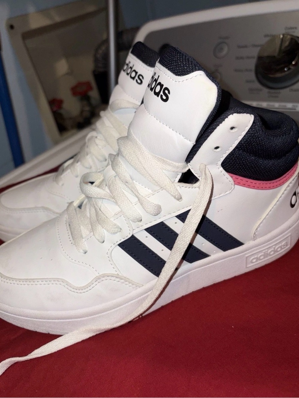 adidas Kids White Navy Mid-Top Sneakers with Pink Heel Trim